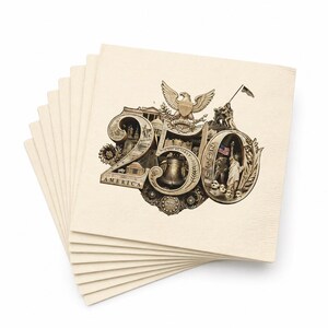 Puede incluir: Una pila de servilletas de papel blanquecino. Cada servilleta presenta una detallada ilustraci&oacute;n en sepia con el texto "250 AMERICA 2026". El dise&ntilde;o incluye un &aacute;guila, la Campana de la Libertad y otros s&iacute;mbolos patri&oacute;ticos.