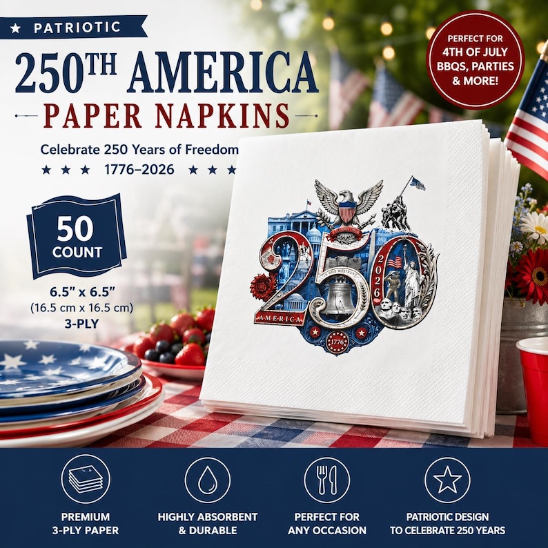 Puede incluir: Una pila de servilletas de papel blancas con un dise&ntilde;o patri&oacute;tico que celebra 250 a&ntilde;os de libertad estadounidense. Cada servilleta mide 16,5 cm x 16,5 cm y es de 3 capas. El dise&ntilde;o incluye el n&uacute;mero 250, la bandera estadounidense y los a&ntilde;os 1776-2026.