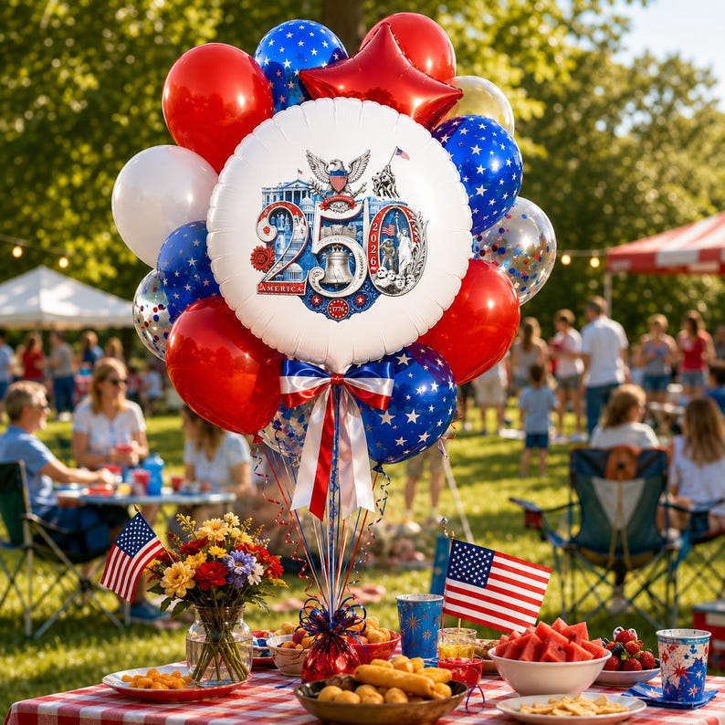 May include: A festive balloon bouquet with red, white, and blue balloons, including star-shaped and round balloons. The central balloon features a patriotic design with the text "250 America". The scene is set outdoors with a picnic table and American flags.