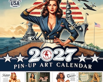 2027 Salute USA pin-up kalender, patriottische Amerikaanse ee geschiedenis, militaire luchtvaart motorfiets, vintage muurkunst, groot beschrijfbaar raster