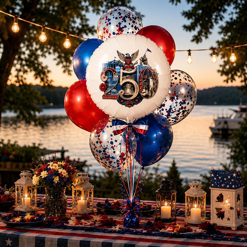 May include: A festive balloon bouquet with red, white, and blue balloons, including a large round balloon with the text "250 AMERICA" and an illustration. The balloons are arranged on a table decorated for a celebration, with lanterns and floral arrangements.