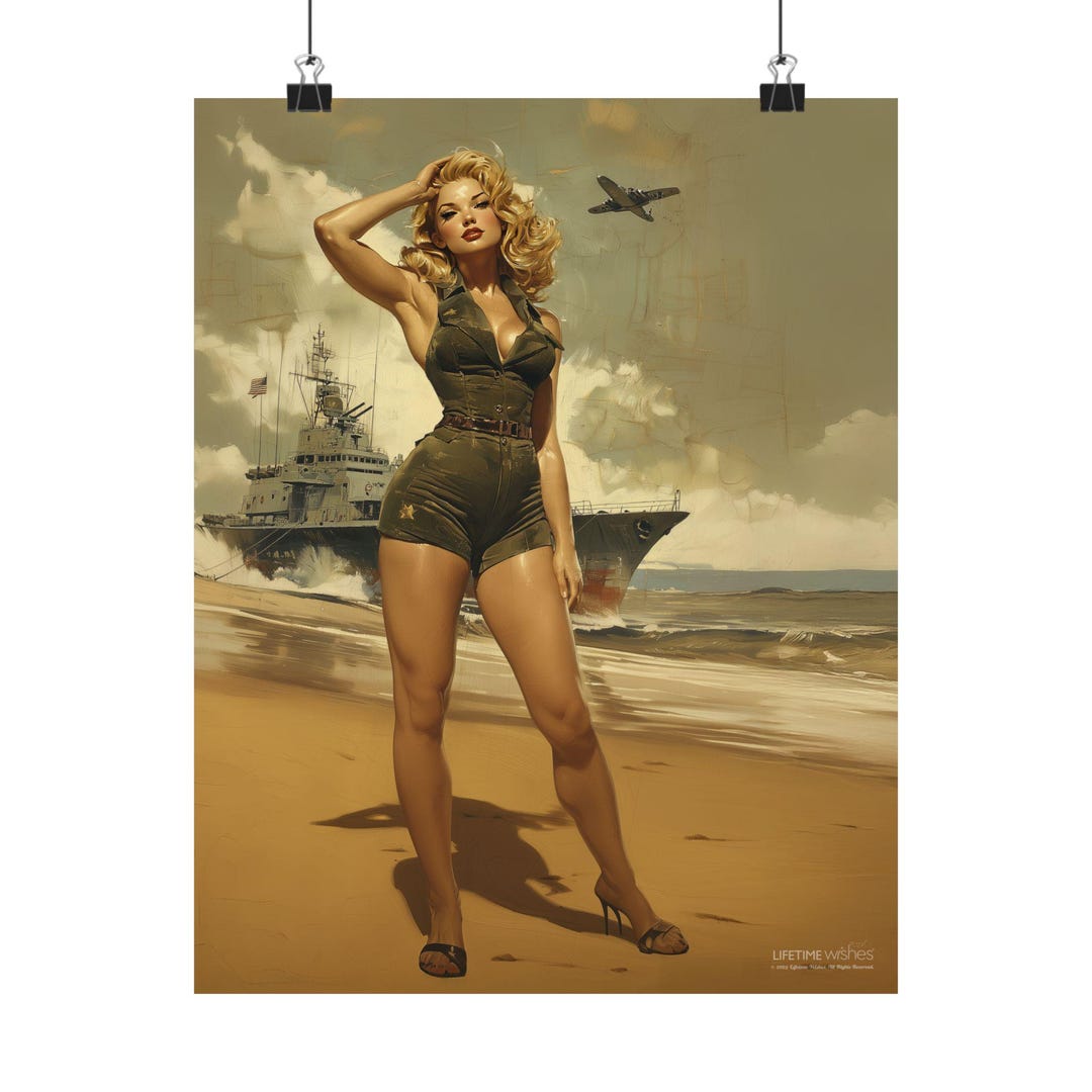 thumbnail interactive-video image 1 of Vintage WW2 Pin Up Girl Poster – 20x14 Inch Unframed Print, Military Theme 1 of 4