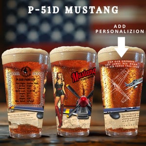 Custom Pint Glasses Set, WWII P51 Plane, Retro Beer Bar Glass, Vintage Aviation Man Cave Decor,Airforce Army Navy Retirement Pilot Dad Gifts
