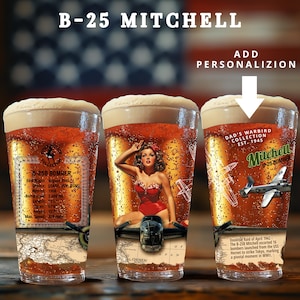 Custom Pint Glasses Set, WWII B25 Plane, Retro Beer Bar Glass, Vintage Aviation Man Cave Decor, Airforce Army Navy Retirement Pilot Dad Gift