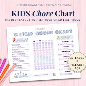 Puede incluir: Un gráfico de tareas para niños imprimible con el texto "KIDS Chore Chart" y "WEEKLY CHORE CHART". El gráfico incluye tareas diarias y semanales, una sección de recompensas y una opción de PDF rellenable. El gráfico está diseñado para ayudar a los niños a sentirse orgullosos.