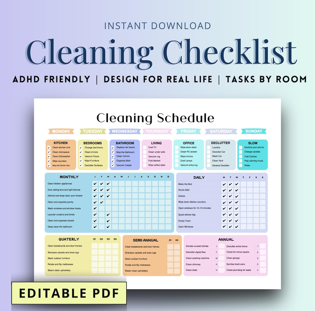 Editable Cleaning Schedule ADHD House Cleaning Checklist PDF Printable ...