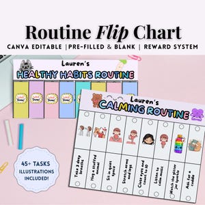 Puede incluir: Un gráfico de rutina con secciones de "Healthy Habits Routine" y "Calming Routine". El gráfico incluye ilustraciones y el texto "45+ TAREAS ILUSTRACIONES INCLUIDAS!". El diseño es colorido e incluye el texto "CANVA EDITABLE | PRE-FILLED & BLANK | REWARD SYSTEM."