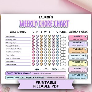 Puede incluir: Un gráfico de tareas semanales imprimible para Lauren, con tareas diarias y semanales y casillas de verificación. Incluye recompensas por completar las tareas, con el texto "Printable Fillable PDF".