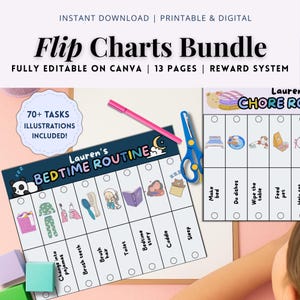 Editable Kids Flip Routine Chart, Morning Chart Kids, Printable Reward Visual Schedule for Kids Toddler Chore Chart Canva PDF