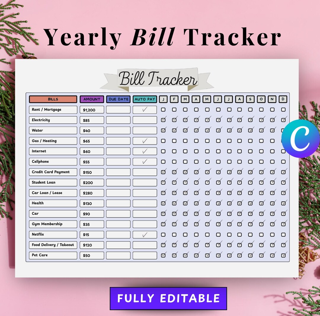Yearly Bill Tracker, Printable Expense Tracker Monthly, Payment Tracker ...