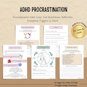 May include: A printable workbook with 25 pages designed to help teens and adults with ADHD manage procrastination. The workbook includes worksheets on identifying procrastination triggers, breaking down tasks, and reflecting on procrastination habits. The workbook is made by a therapist.