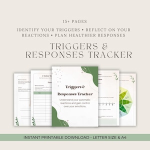 Könnte beinhalten: Ein 15+ seitiges, ausdruckbares Dokumentenset namens Triggers & Responses Tracker. Das Deckblatt zeigt grüne abstrakte Formen und den Text: Triggers & Responses Tracker, Understand your automatic reactions and gain control over your emotions.