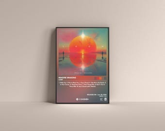 Puede incluir: Portada del álbum "LOOM" de Imagine Dragons. La portada muestra una puesta de sol sobre una masa de agua con dos figuras caminando en la distancia. El título del álbum está en texto blanco en la parte inferior de la portada.