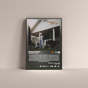 May include: A black and white album cover for Morgan Wallen's album "One Thing at a Time". The cover features a photo of Morgan Wallen standing on a porch with a house in the background. The album title is printed in white text at the top of the cover. The album's tracklist is printed in white text below the photo. The album was released on March 3, 2023.