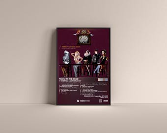 May include: Album cover art for Panic! At The Disco's album "A Fever You Can't Sweat Out". The cover features a group of five people in a vintage setting, with a chandelier hanging above them. The album title is printed in white text on a dark red background.