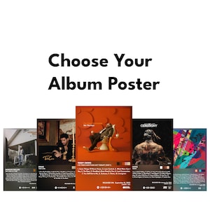 May include: Five album covers with different designs. The album covers are for Morgan Wallen, Drake, Teddy Swims, Gates, and Ceremony. The album covers are all in a similar style, with a black background and white text.