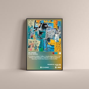 May include: A framed art print of The Strokes' album "The New Abnormal." The artwork is an abstract design with a bird-like figure and text. The album title, tracklist, and release date are also visible.