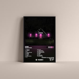 May include: A black and white album cover with a house in the background. The house has pink lights in the windows. The album cover is for Future's mixtape Pluto. The album cover includes the tracklist and release date.