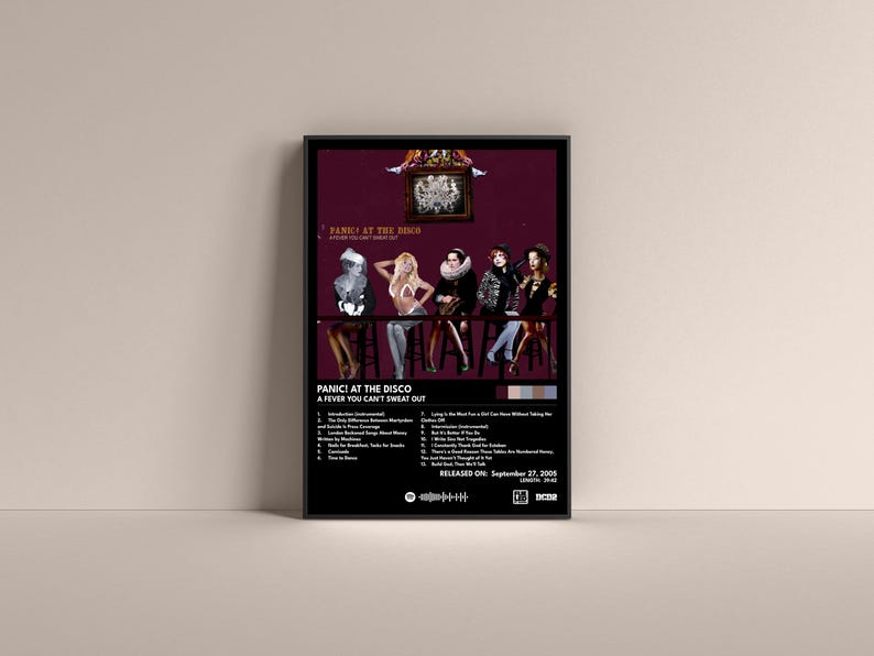 Op de afbeelding: Albumhoes voor Panic! At The Disco's album "A Fever You Can't Sweat Out". De hoes toont een groep van vijf mensen in een theatrale setting, met een kroonluchter die boven hen hangt. De albumtitel en de releasedatum staan onder de afbeelding.