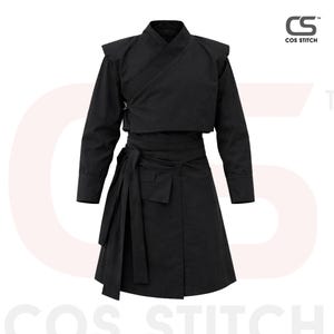 May include: Black martial arts uniform with a wrap-style top and skirt. The top has long sleeves and shoulder pads. The skirt has a wrap design with a tie closure and a pocket. The uniform is made of a solid black fabric.