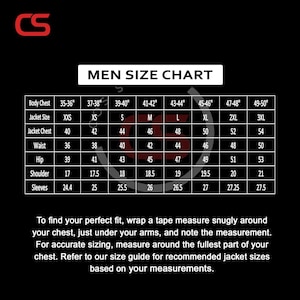 May include: A black graphic with a men's size chart for jackets. The chart includes body chest, jacket size, jacket chest, waist, hip, shoulder, and sleeve measurements in inches. Instructions for measuring are included.