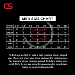 May include: A black graphic with a men's size chart for jackets. The chart includes measurements for body chest, jacket size, jacket chest, waist, hip, shoulder, and sleeves. Instructions for measuring are also included.