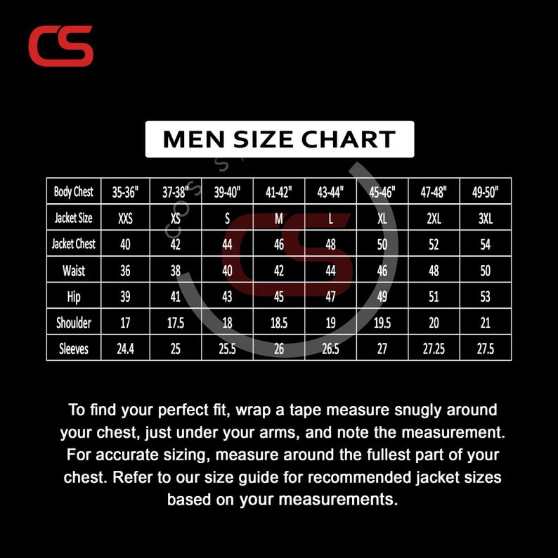 May include: A black graphic with a men's size chart for jackets. The chart includes measurements for body chest, jacket size, jacket chest, waist, hip, shoulder, and sleeves. Instructions for measuring are also included.