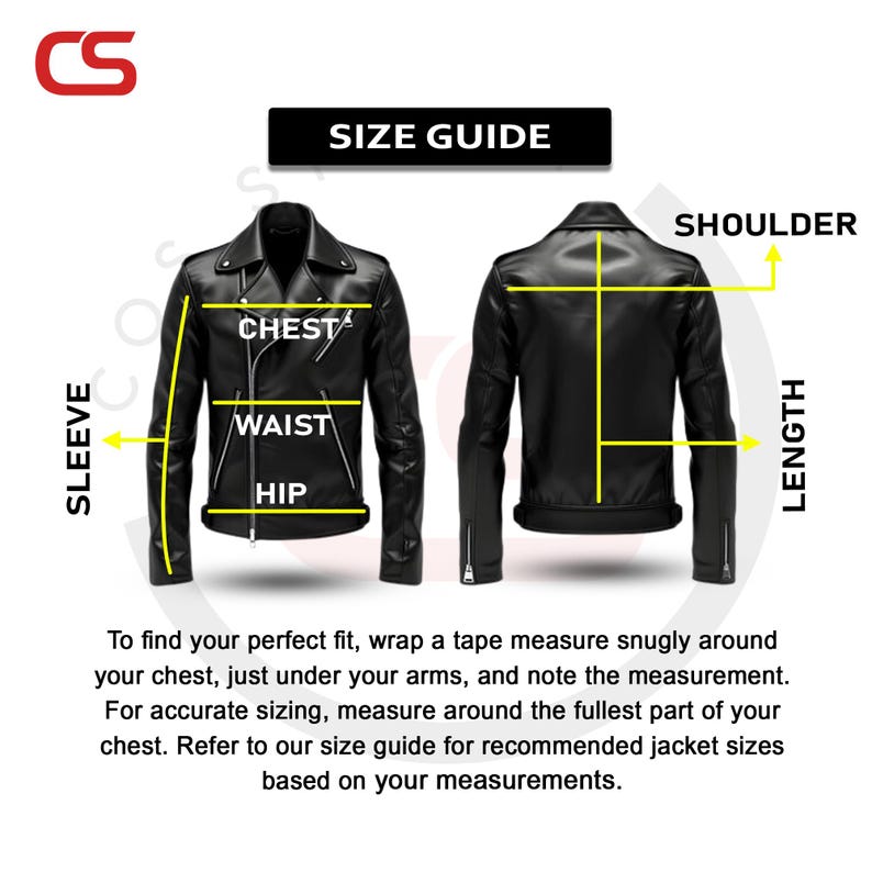 Puede incluir: Gu&iacute;a de tallas de chaqueta de cuero negra con medidas de pecho, cintura, cadera, manga, hombro y largo. Incluye instrucciones sobre c&oacute;mo medir para un ajuste perfecto.