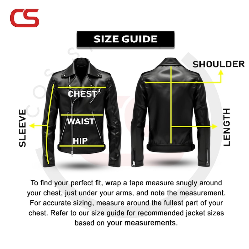 May include: A size guide for a black leather jacket, showing front and back views with measurement labels for chest, waist, hip, sleeve, shoulder, and length. Instructions advise measuring the chest and referring to a size chart.