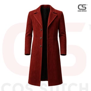 May include: A long, burgundy coat with a classic design. The coat features a notched lapel, three buttons, and a tailored fit. The coat is made of a soft, suede-like material and has a black lining. The brand name "COS STITCH" is in the upper right corner.