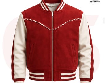Candy Cane Bomber Jacket Red & White Christmas Varsity Jacket Santa Style Holiday Outerwear Handmade Retro Winter Bomber Jacket