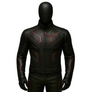 May include: Black leather jacket with red detailing and a zip fastening. The jacket features a stand-up collar and is displayed on a mannequin. The design is streamlined with a tailored fit.