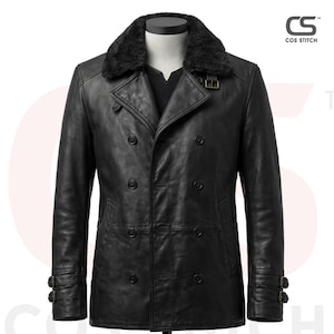 May include: A black leather jacket with a double-breasted design. The jacket features a faux fur collar, button closures, and buckle details on the sleeves. The jacket is displayed on a mannequin.