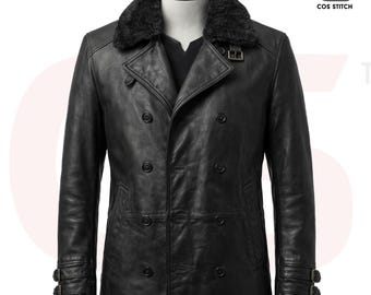 Cappotto da uomo in pelle nera: collo in pelliccia sintetica, stile Resident Evil