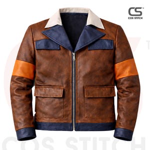May include: Brown leather jacket with a zip-up front, two front pockets, and a contrasting white collar. Features blue and orange accents on the shoulders and pockets. The jacket has a classic design.