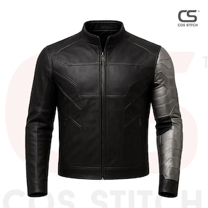 May include: Black leather jacket with a stand-up collar and a full-length zip. The jacket has a unique design with geometric panels and a metallic silver sleeve on the right arm. The Cos Stitch logo is in the upper right corner.