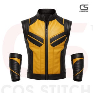 May include: A yellow and black leather vest with matching arm cuffs. The vest has a zip-up front and black accents. The arm cuffs are black with yellow detailing. The Cos Stitch logo is in the upper right corner.
