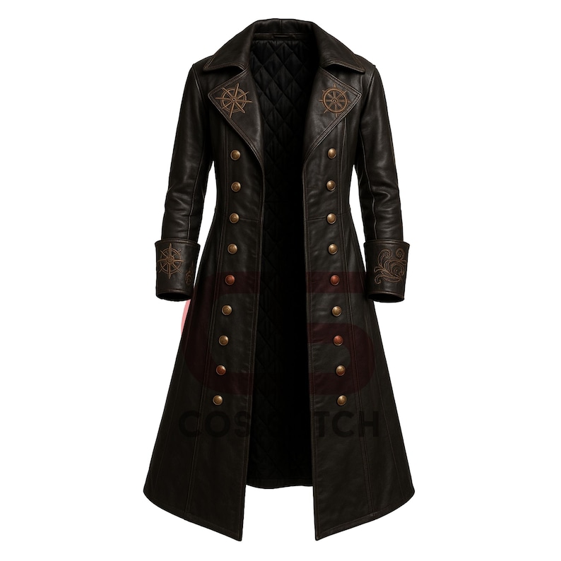 May include: A long, dark brown leather coat with a double-breasted design. The coat features gold-colored buttons, decorative stitching, and embroidered compass rose details on the shoulders and cuffs. The coat has a quilted lining and a classic, tailored fit.