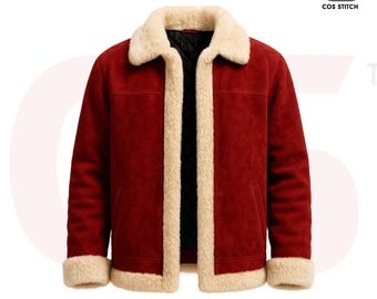 May include: A red suede jacket with a cream-colored shearling collar and trim. The jacket features a classic design with a button-up front and long sleeves. The brand logo "COS STITCH" is visible in the upper right corner.