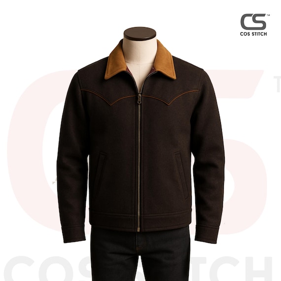 Handmade Wool Trucker Jacket: Dark Brown Western Cowboy Style