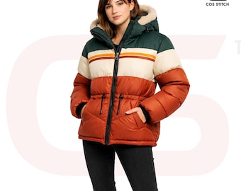 Chaqueta acolchada con bloques de color retro: capucha de piel sintética y rayas vintage