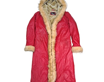 May include: A long red leather coat with a faux fur hood and trim. The coat has a zipper closure and two pockets.