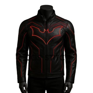 May include: Black leather jacket with red accents and a bat symbol on the chest. The jacket features a high collar, a zipper closure, and red lines outlining the design. The jacket is displayed on a black mannequin.