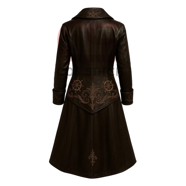 May include: A brown leather coat with a long, flared skirt. The coat features a notched collar and decorative stitching of ship wheels and flourishes. The cuffs and back panel have detailed embroidery. The coat is a medium length.