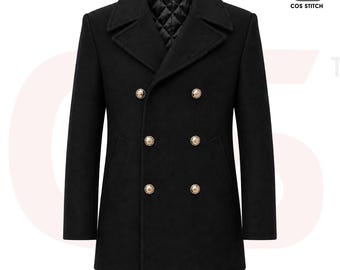 The Weeknd Inspired Black Wool Coat: Men’s Double-Breasted Mid-Length Overcoat