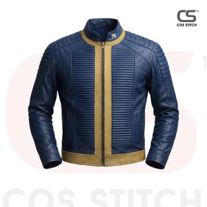 May include: A navy blue leather jacket with a ribbed design on the chest and shoulders. The jacket features a tan-colored zipper and trim, with the number "76" on the collar. The jacket has a stand-up collar and long sleeves.