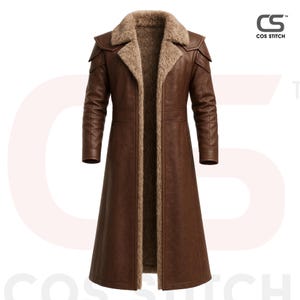 May include: A brown leather coat with a faux fur collar and lining. The long coat features shoulder accents and a tailored fit. The coat is a dark brown color and has a classic design.