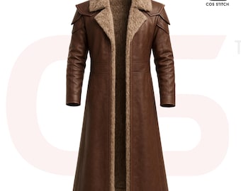 May include: A brown leather coat with a faux fur collar and lining. The long coat features shoulder accents and a tailored fit. The coat is a dark brown color and has a classic design.