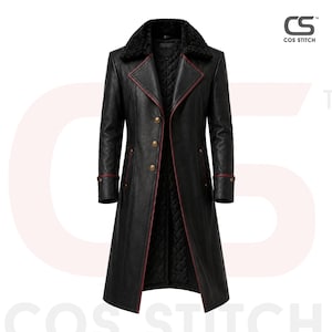 May include: A black long coat featuring a textured black faux fur collar, a quilted interior lining, and red piping along the lapels and cuffs. The coat includes three brass-colored buttons down the front and the logo CS STITCH in the corner.