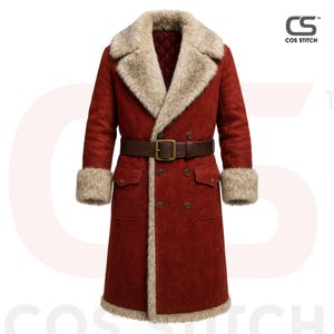 Può includere: Un cappotto lungo rosso con colletto e polsini in ecopelliccia. Il cappotto presenta una cintura marrone con fibbia dorata e due tasche frontali. Il cappotto è doppiopetto ed è realizzato in materiale simile alla pelle scamosciata.